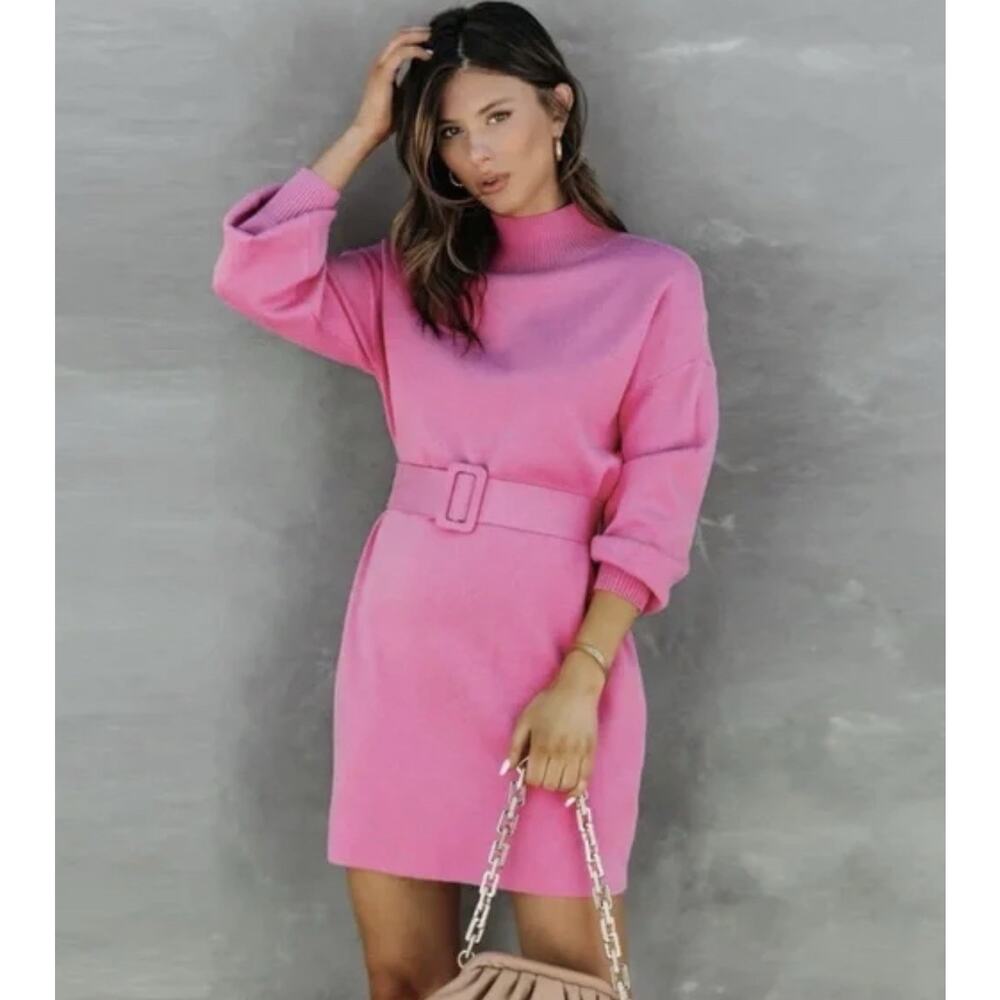 Pink Knit Belted Balloon Sleeve Mock Neck Mini Sweater Dress Size L